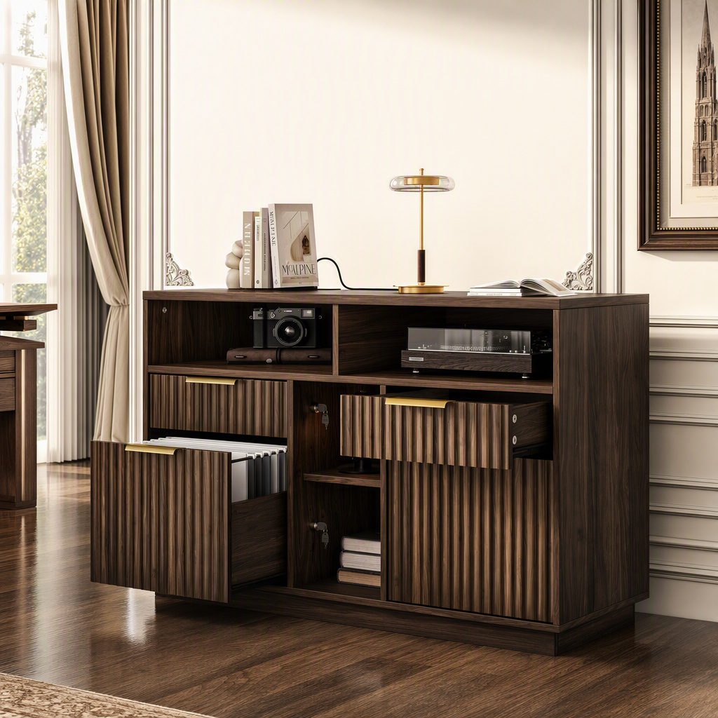 Office Furniture Filing Cabinets - 4段引き出しファイルキャビネット、溝付き木製横型ファイルキャビネット（ロックと充電ステーション付き）、ホームオフィス用、オープン収納棚付きプリンタースタンド、A4、レターサイズ対応