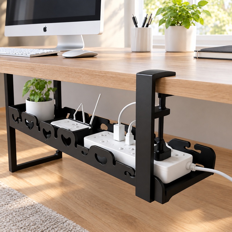 Cable Tray Under Desk - デスク下収納用金属製トレイ。ケーブルの整理整頓に。穴あけ不要の家庭用オフィス向け配線収納ラック。