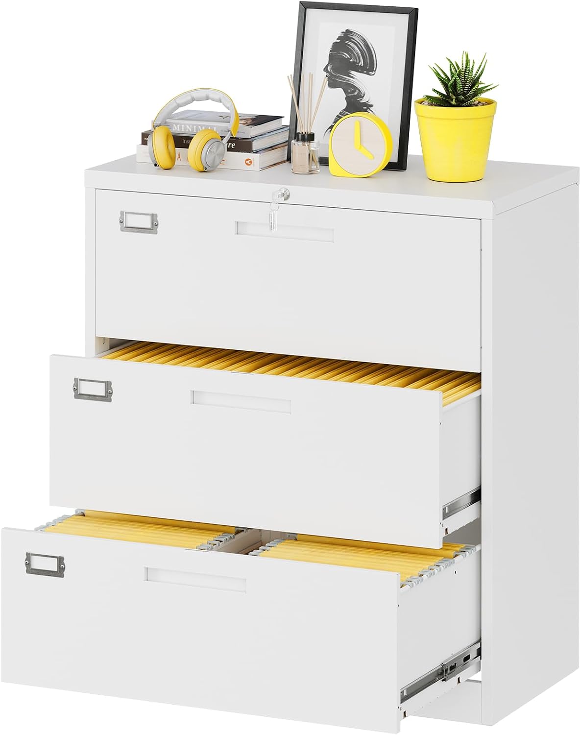 Credenza Office Storage - 横型ファイルキャビネット、3段引き出し金属製ファイルオーガナイザー、ホームオフィス用収納クレデンツァ、吊り下げフォルダー用ロック可能なセキュリティシステム、モダンインダストリアルスタイル、ブラック、単体