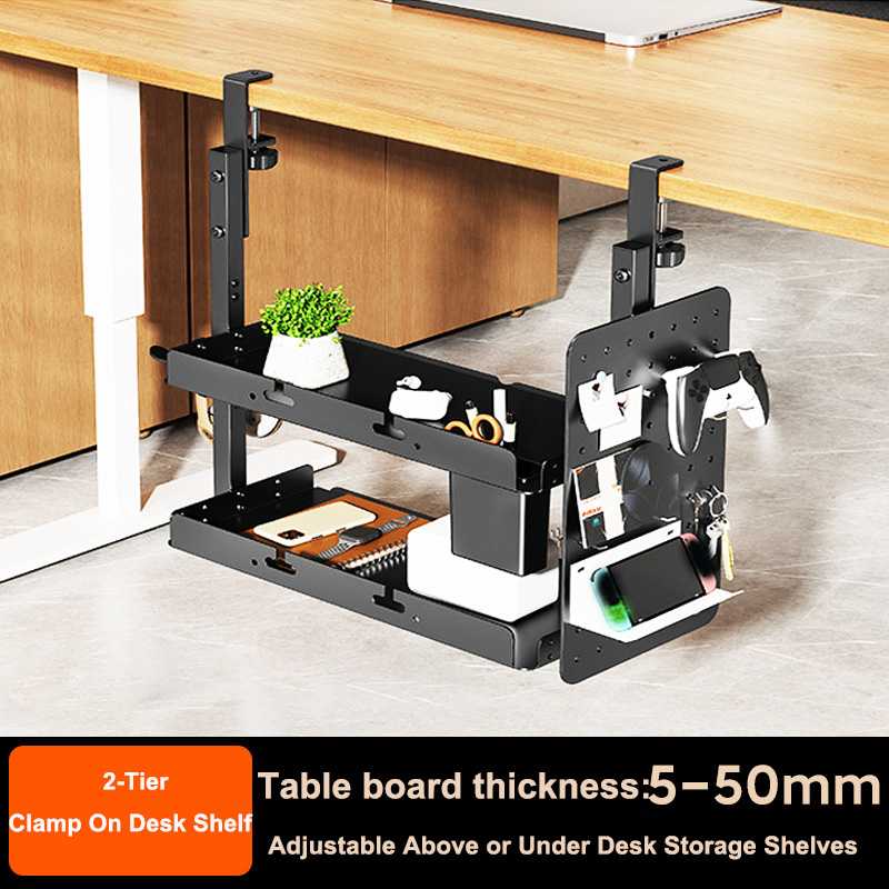 Cable Tray Under Desk - クランプ式14インチデスク上・下2段棚ユニット、テーブルアクセサリー、ゲーム機器、その他の収納トレイ、デスクトップオーガナイザー