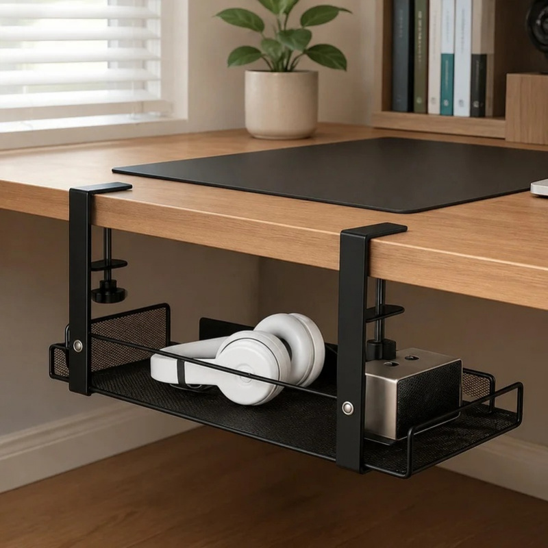 Cable Tray Under Desk - デスク下に設置できるケーブル整理用スチールワイヤートレイ。耐久性に優れ、穴あけ不要で、家庭やオフィスで使える便利なケーブル収納ソリューション。