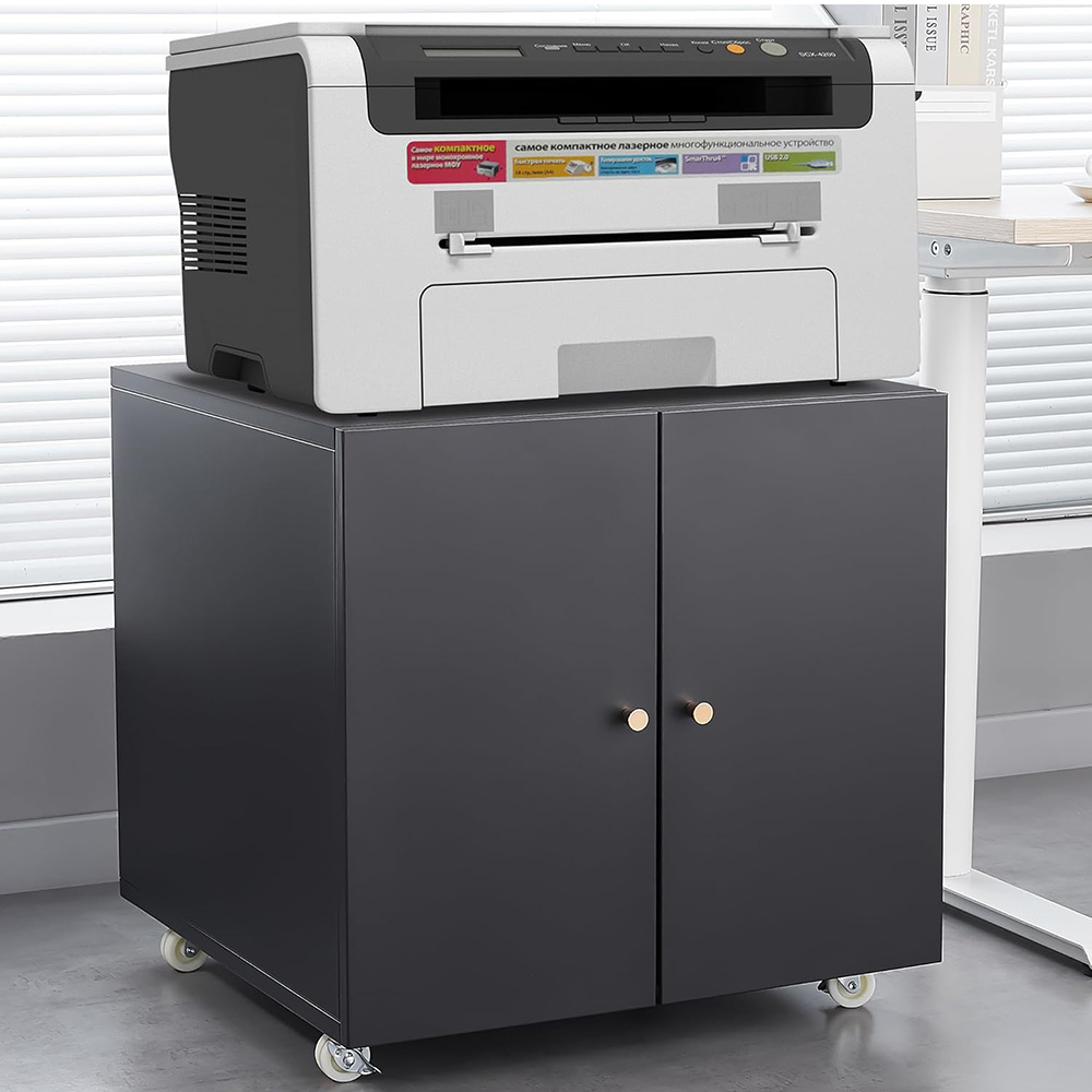 Office Furniture Filing Cabinets - ファイル収納付きメタルプリンタースタンド、ダブルドアと調節可能な棚付きスチールファイルキャビネット、ホイール付きプリンターテーブルスタンド