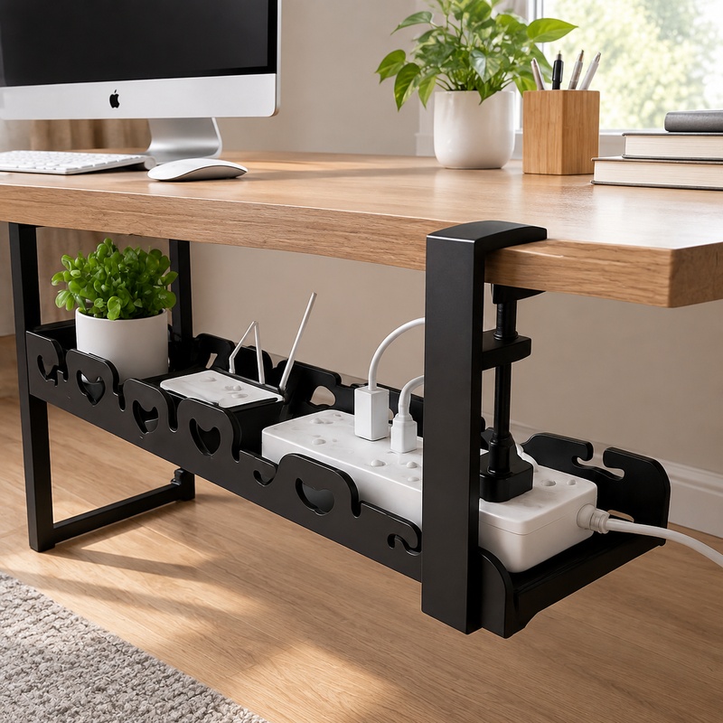 Cable Tray Under Desk - デスク下に設置できる金属製の収納トレイ。ケーブルや配線を整理整頓でき、家庭やオフィスでの使用に最適。穴あけ不要で簡単に設置できます。