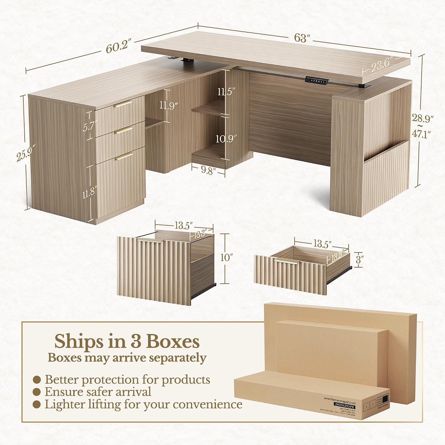 63インチ L字型電動昇降式スタンディングデスク、収納引き出 - Office Furniture Filing Cabinets のレビューと価格